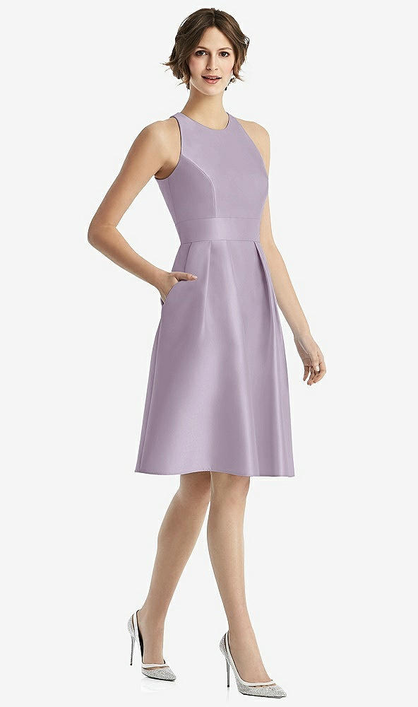 Front View - Lilac Haze High-Neck Satin Cocktail Dress with Pockets