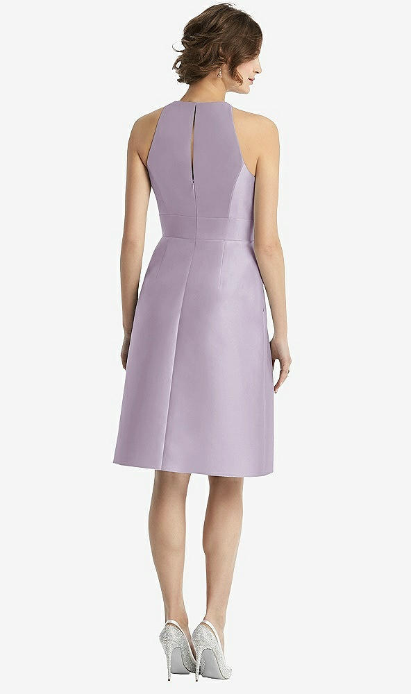 Back View - Lilac Haze High-Neck Satin Cocktail Dress with Pockets