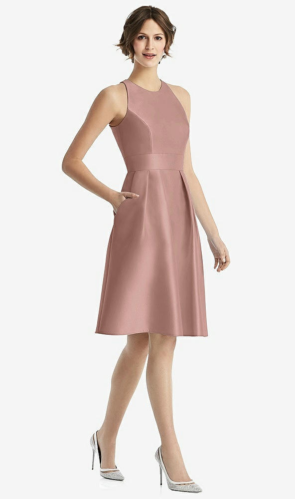 Front View - Neu Nude High-Neck Satin Cocktail Dress with Pockets