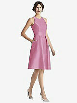 Front View Thumbnail - Powder Pink High-Neck Satin Cocktail Dress with Pockets