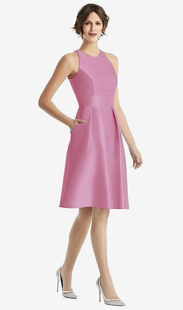 Front View - Powder Pink High-Neck Satin Cocktail Dress with Pockets
