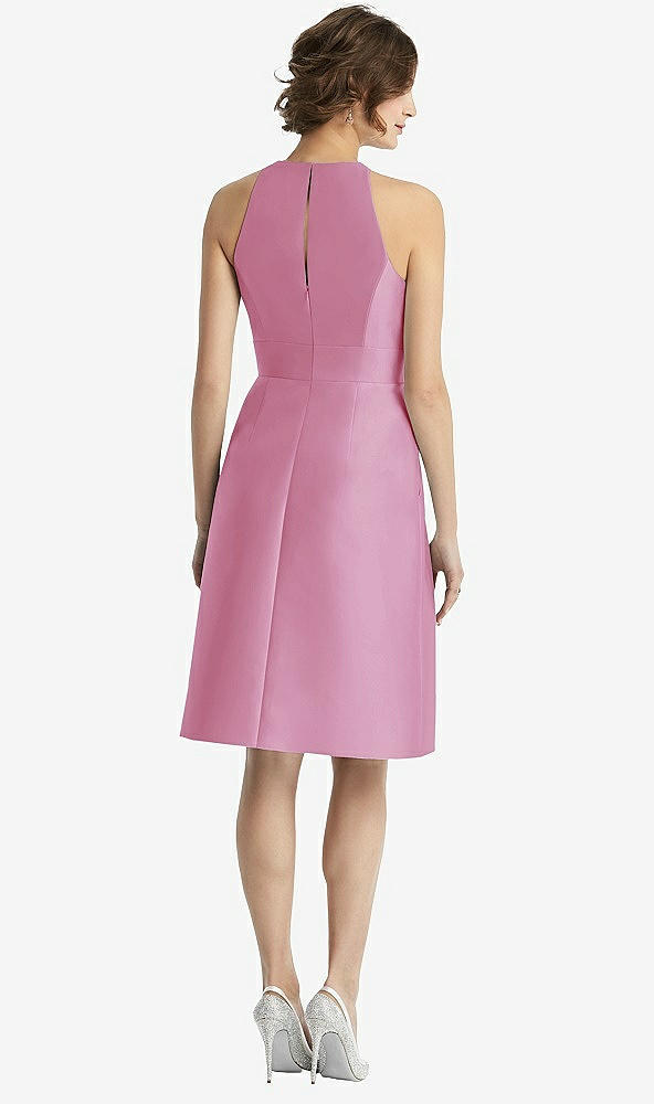 Back View - Powder Pink High-Neck Satin Cocktail Dress with Pockets