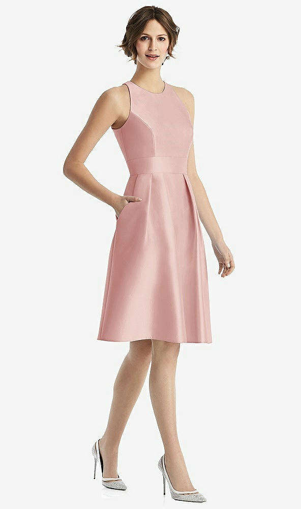 Front View - Rose High-Neck Satin Cocktail Dress with Pockets