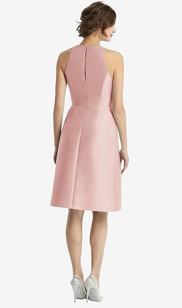 Back View - Rose High-Neck Satin Cocktail Dress with Pockets