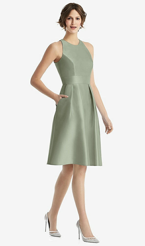 Front View - Sage High-Neck Satin Cocktail Dress with Pockets