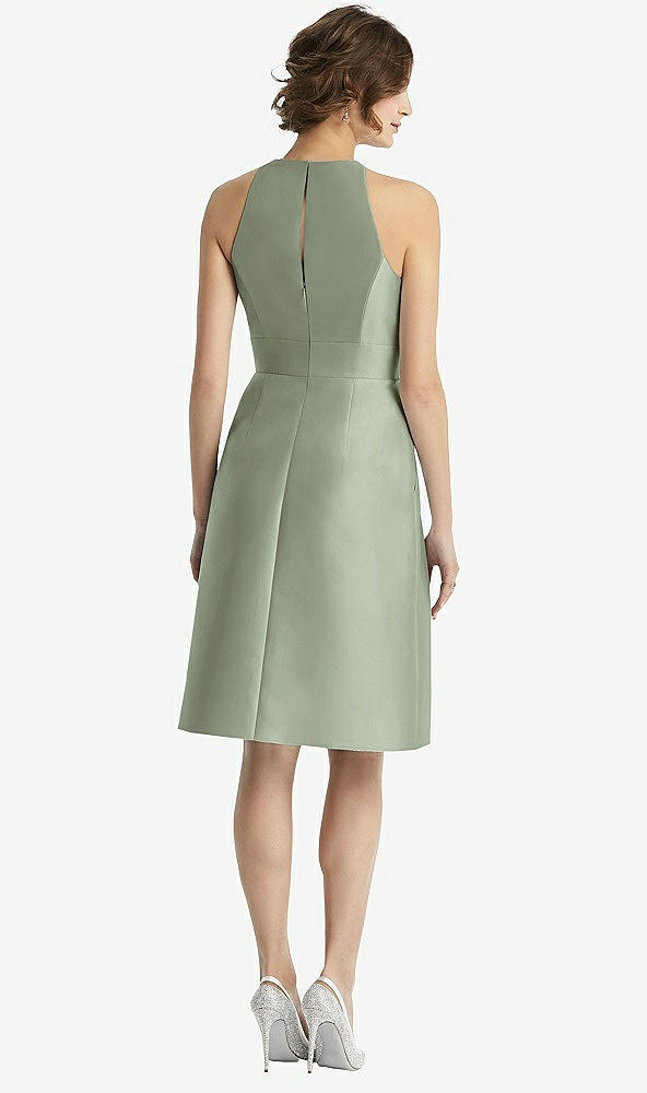 Back View - Sage High-Neck Satin Cocktail Dress with Pockets