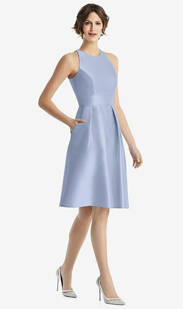Front View - Sky Blue High-Neck Satin Cocktail Dress with Pockets