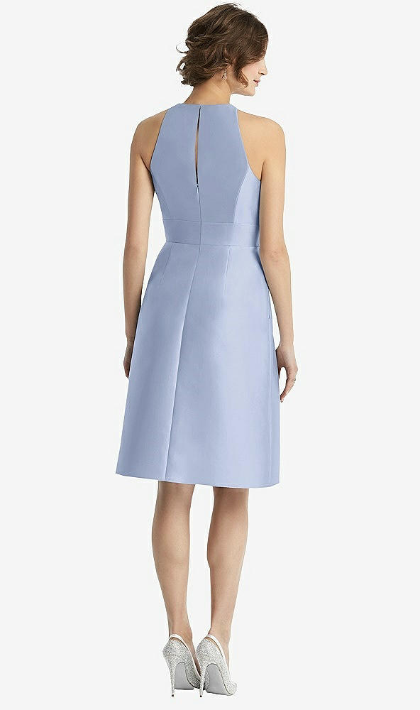 Back View - Sky Blue High-Neck Satin Cocktail Dress with Pockets