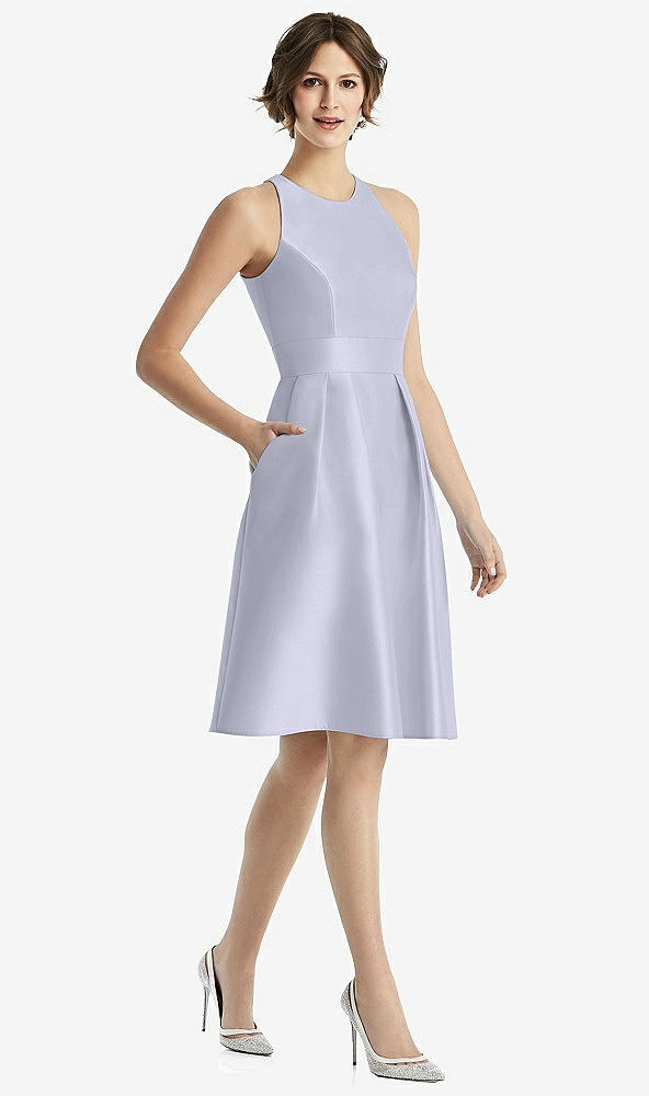 Front View - Silver Dove High-Neck Satin Cocktail Dress with Pockets