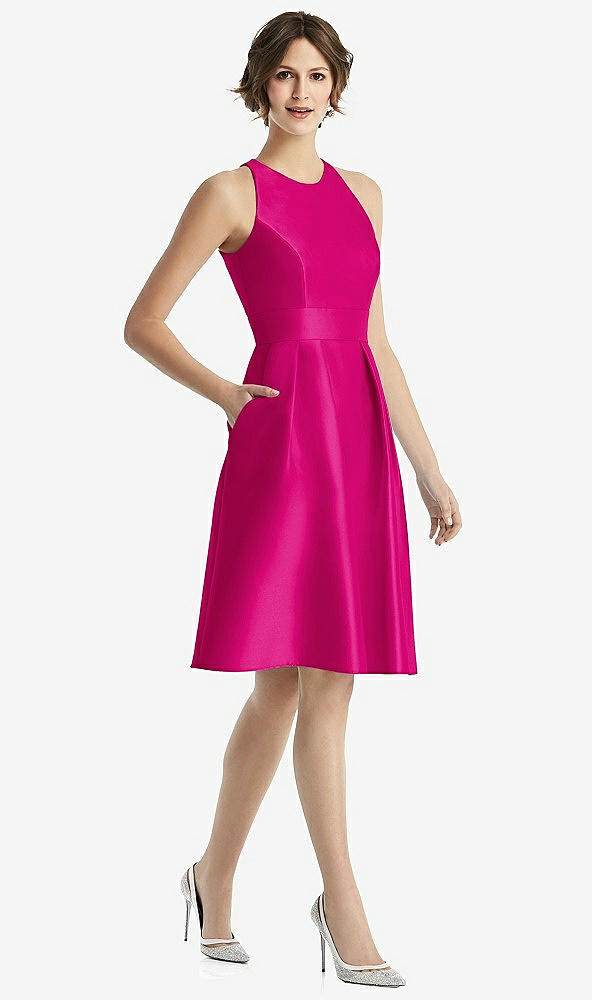 Front View - Think Pink High-Neck Satin Cocktail Dress with Pockets