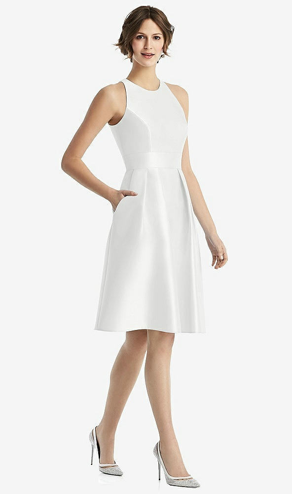 Front View - White High-Neck Satin Cocktail Dress with Pockets