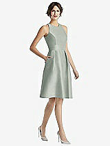 Front View Thumbnail - Willow Green High-Neck Satin Cocktail Dress with Pockets
