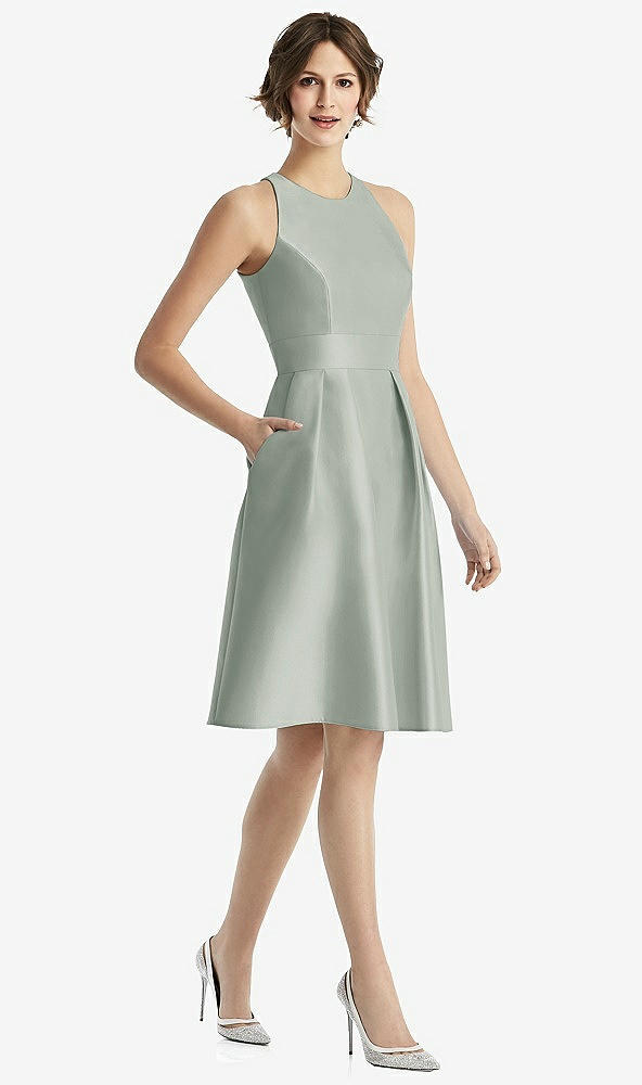 Front View - Willow Green High-Neck Satin Cocktail Dress with Pockets