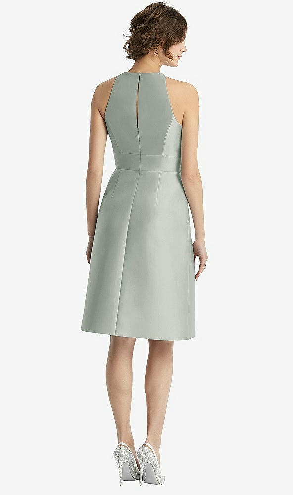 Back View - Willow Green High-Neck Satin Cocktail Dress with Pockets