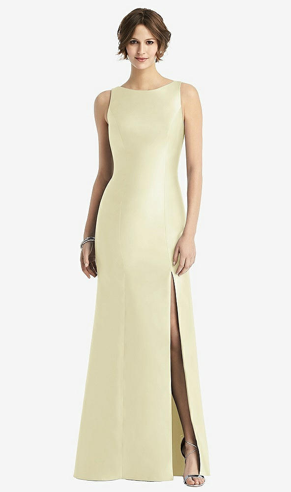 Front View - Butter Yellow Sleeveless Satin Trumpet Gown with Bow at Open-Back