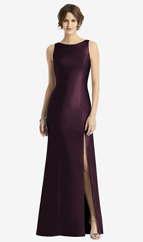 Front View - Deep Plum Sleeveless Satin Trumpet Gown with Bow at Open-Back