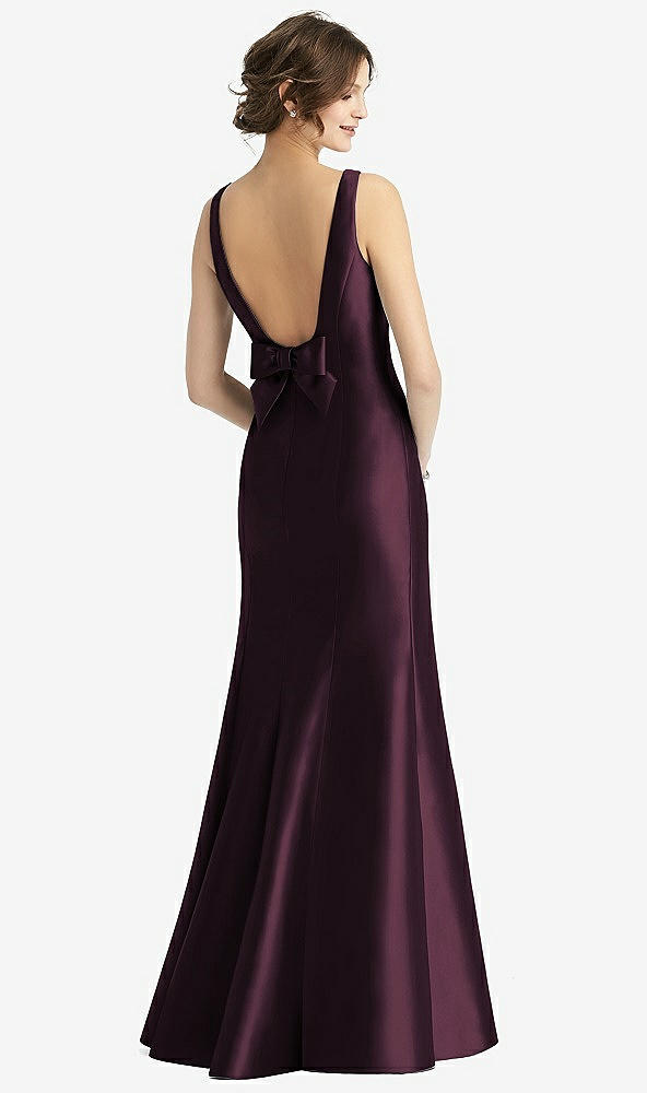 Back View - Deep Plum Sleeveless Satin Trumpet Gown with Bow at Open-Back
