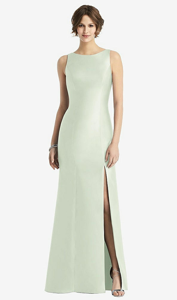 Front View - Mint Green Sleeveless Satin Trumpet Gown with Bow at Open-Back