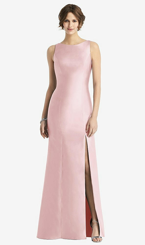 Front View - Ballet Pink Sleeveless Satin Trumpet Gown with Bow at Open-Back