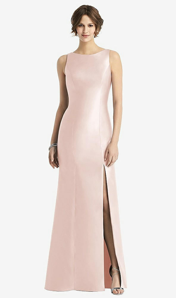 Front View - Blush Sleeveless Satin Trumpet Gown with Bow at Open-Back