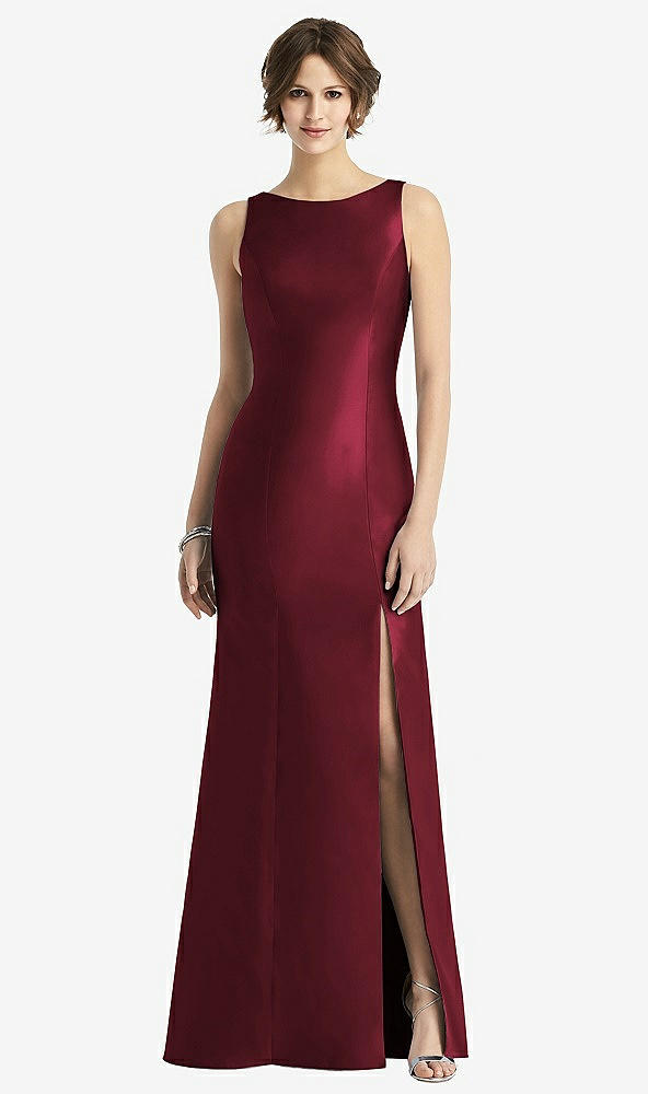 Front View - Cabernet Sleeveless Satin Trumpet Gown with Bow at Open-Back
