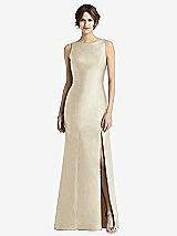 Front View Thumbnail - Champagne Sleeveless Satin Trumpet Gown with Bow at Open-Back