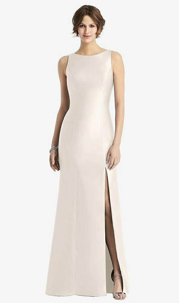 Front View - Ivory Sleeveless Satin Trumpet Gown with Bow at Open-Back