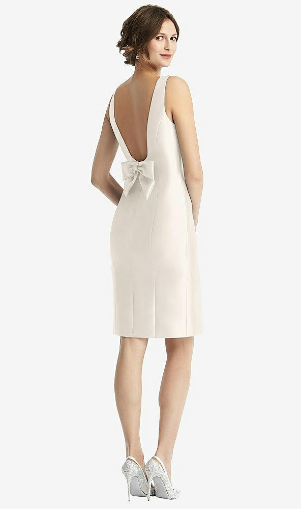 Front View - Ivory Bow Open-Back Satin Cocktail Dress with Front Slit