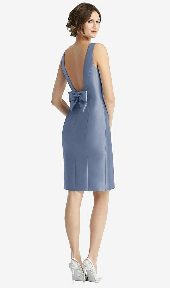 Front View - Larkspur Blue Bow Open-Back Satin Cocktail Dress with Front Slit