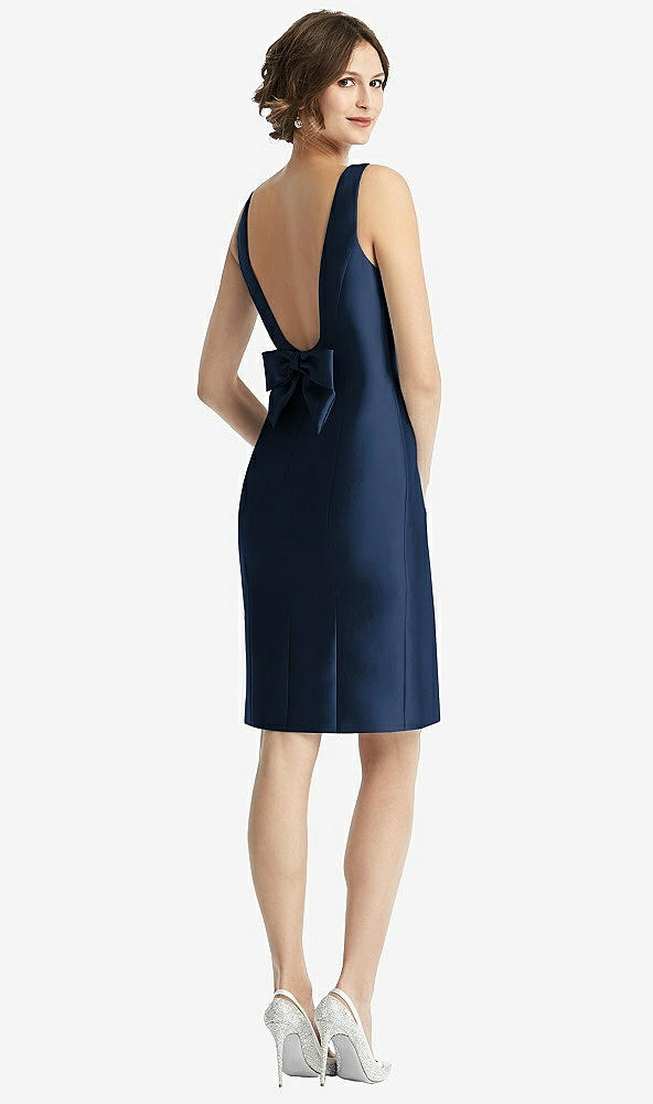 Front View - Midnight Navy Bow Open-Back Satin Cocktail Dress with Front Slit