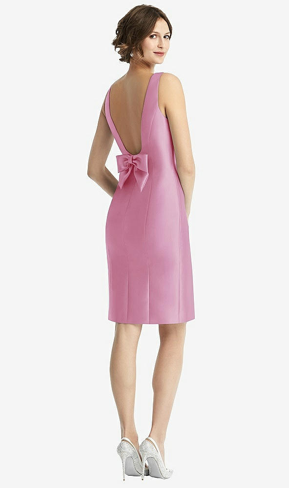 Front View - Powder Pink Bow Open-Back Satin Cocktail Dress with Front Slit