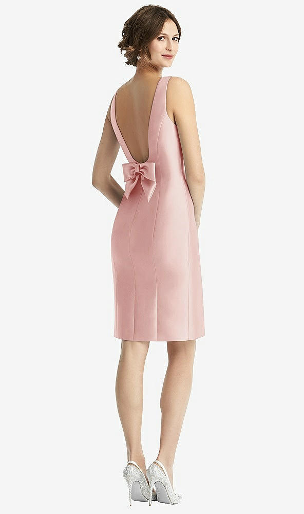 Front View - Rose Bow Open-Back Satin Cocktail Dress with Front Slit