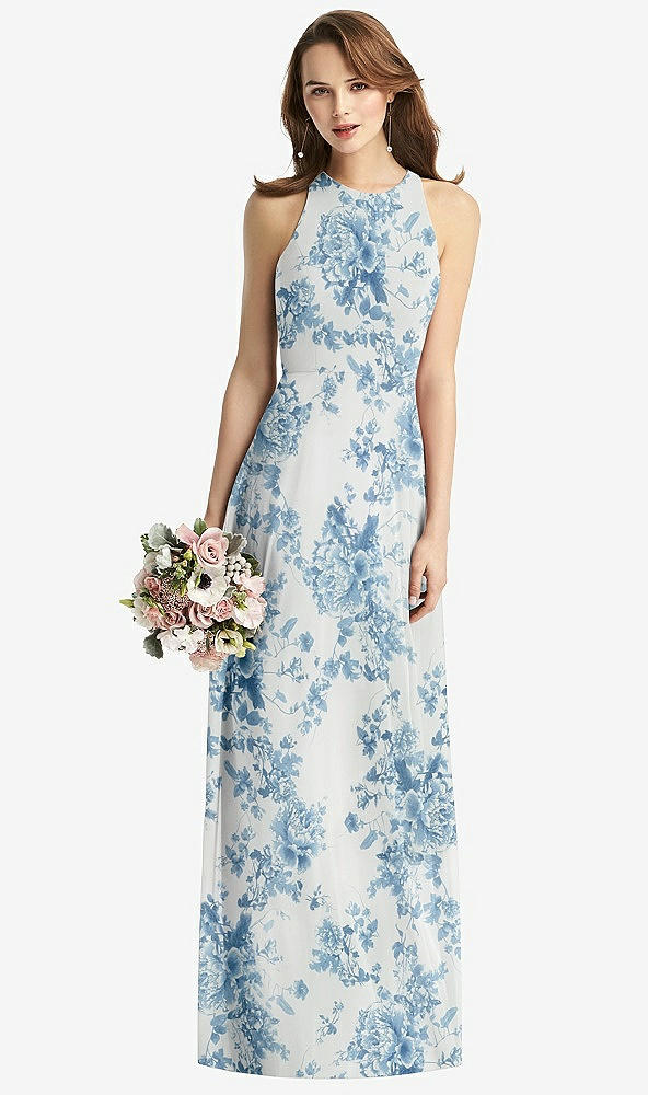 Front View - Cottage Rose Dusk Blue Sleeveless Halter Chiffon Maxi Dress