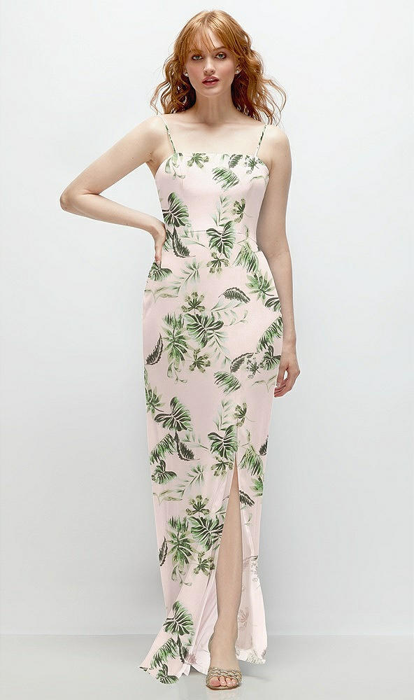 Front View - Palm Beach Print Tie-Back Cutout Trumpet Gown with Front Slit