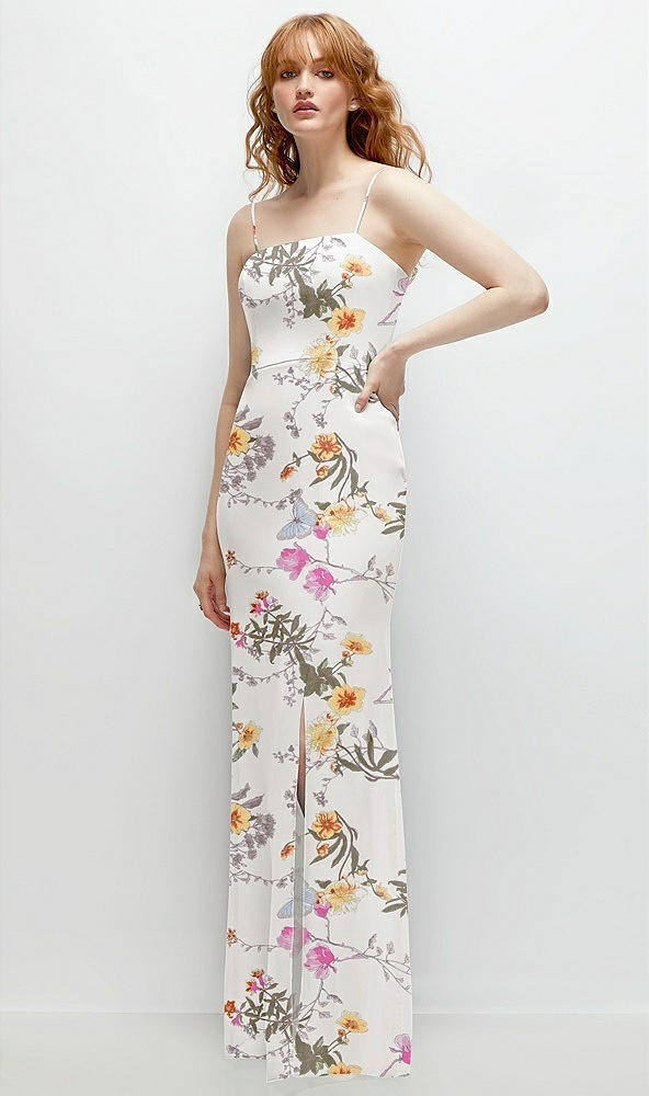 Back View - Butterfly Botanica Ivory Tie-Back Cutout Trumpet Gown with Front Slit