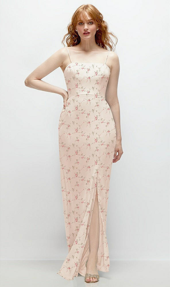 Front View - Coquette Floral Print Tie-Back Cutout Trumpet Gown with Front Slit