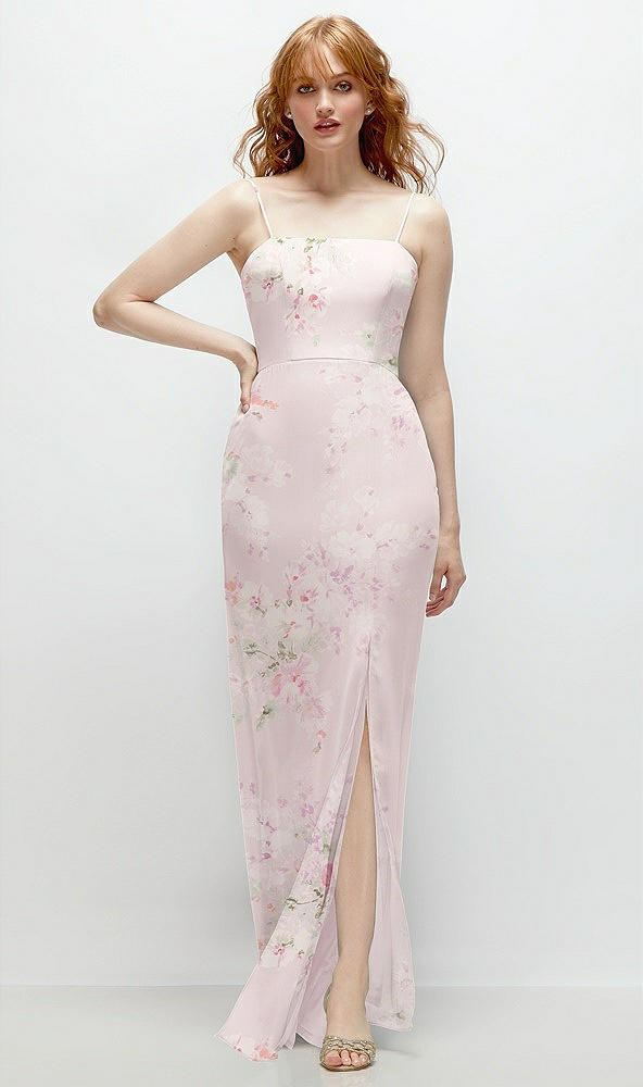 Front View - Watercolor Print Tie-Back Cutout Trumpet Gown with Front Slit