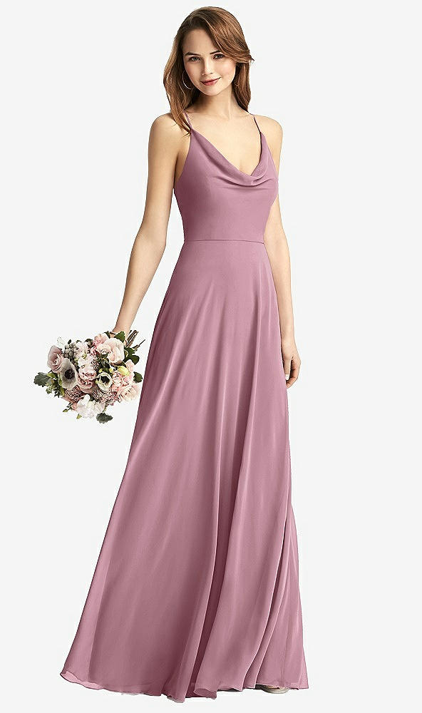 Front View - Dusty Pink Cowl Neck Criss Cross Back Maxi Dress