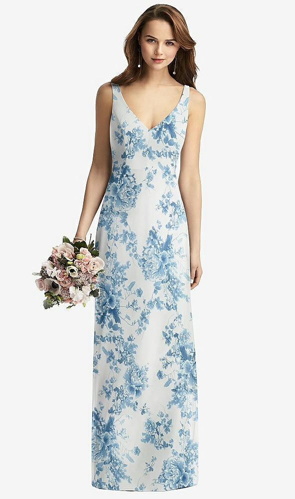 Front View - Cottage Rose Dusk Blue Sleeveless V-Back Long Trumpet Gown