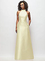 Front View Thumbnail - Butter Yellow High-Neck Cutout Satin Dress with Pockets