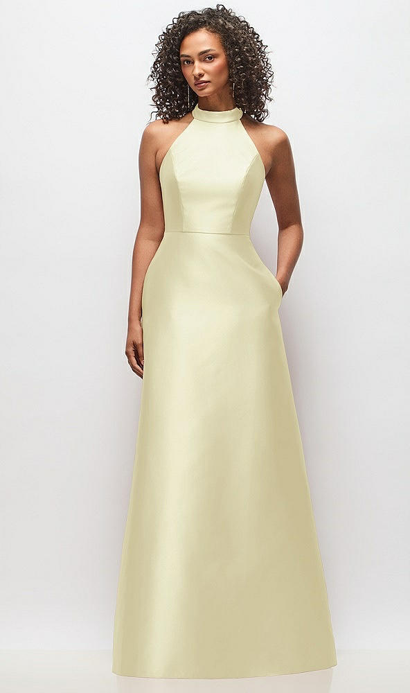 Front View - Butter Yellow High-Neck Cutout Satin Dress with Pockets