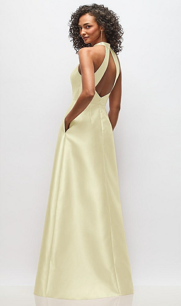 Back View - Butter Yellow High-Neck Cutout Satin Dress with Pockets