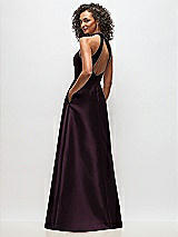 Rear View Thumbnail - Deep Plum High-Neck Cutout Satin Dress with Pockets