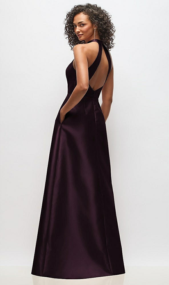 Back View - Deep Plum High-Neck Cutout Satin Dress with Pockets