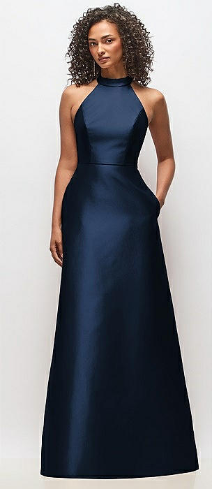 High-Neck Cutout Satin Dress with Pockets