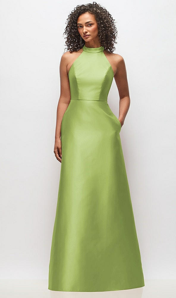 Front View - Mojito High-Neck Cutout Satin Dress with Pockets