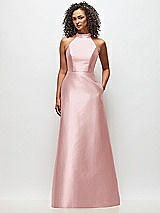 Front View Thumbnail - Ballet Pink High-Neck Cutout Satin Dress with Pockets