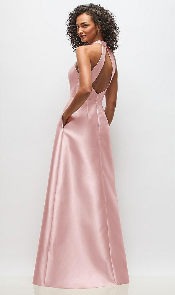 Back View - Ballet Pink High-Neck Cutout Satin Dress with Pockets