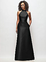 Front View Thumbnail - Black High-Neck Cutout Satin Dress with Pockets