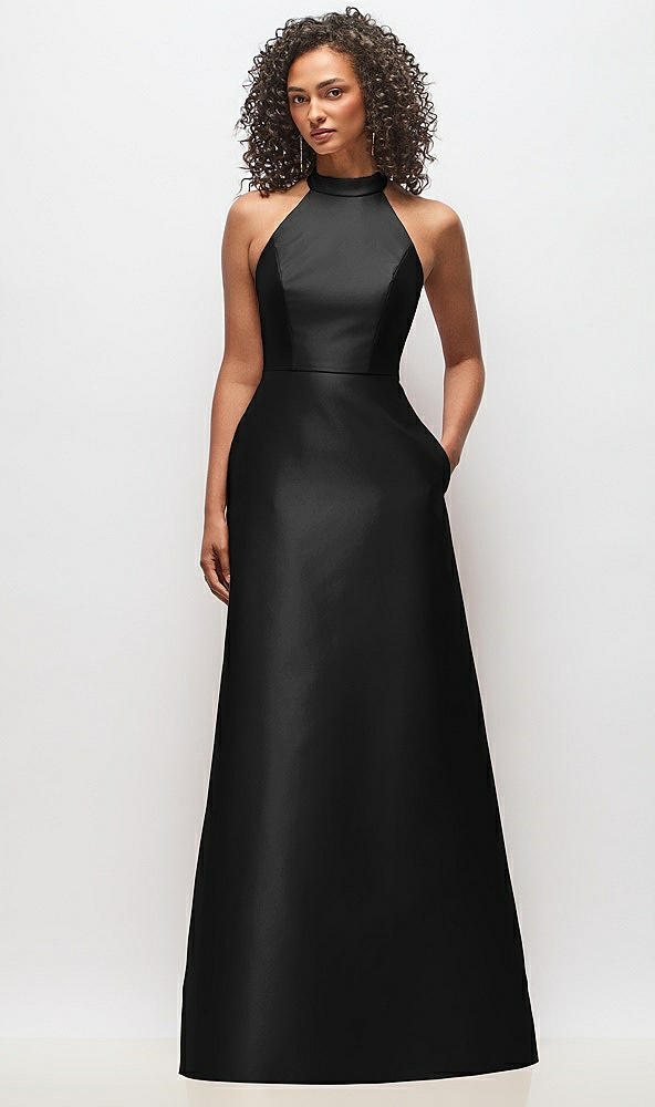 Front View - Black High-Neck Cutout Satin Dress with Pockets
